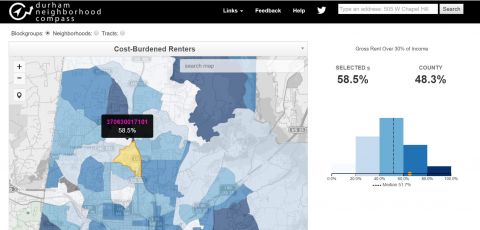 Durham map of cost-burdened renters